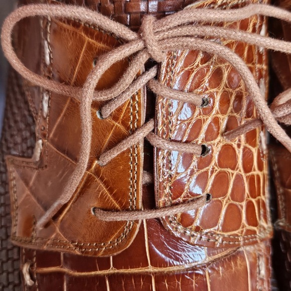David Eden Leather Dress Shoes 10 Brown Cognac Embossed Croc Print Oxfords Spain - Picture 6 of 13
